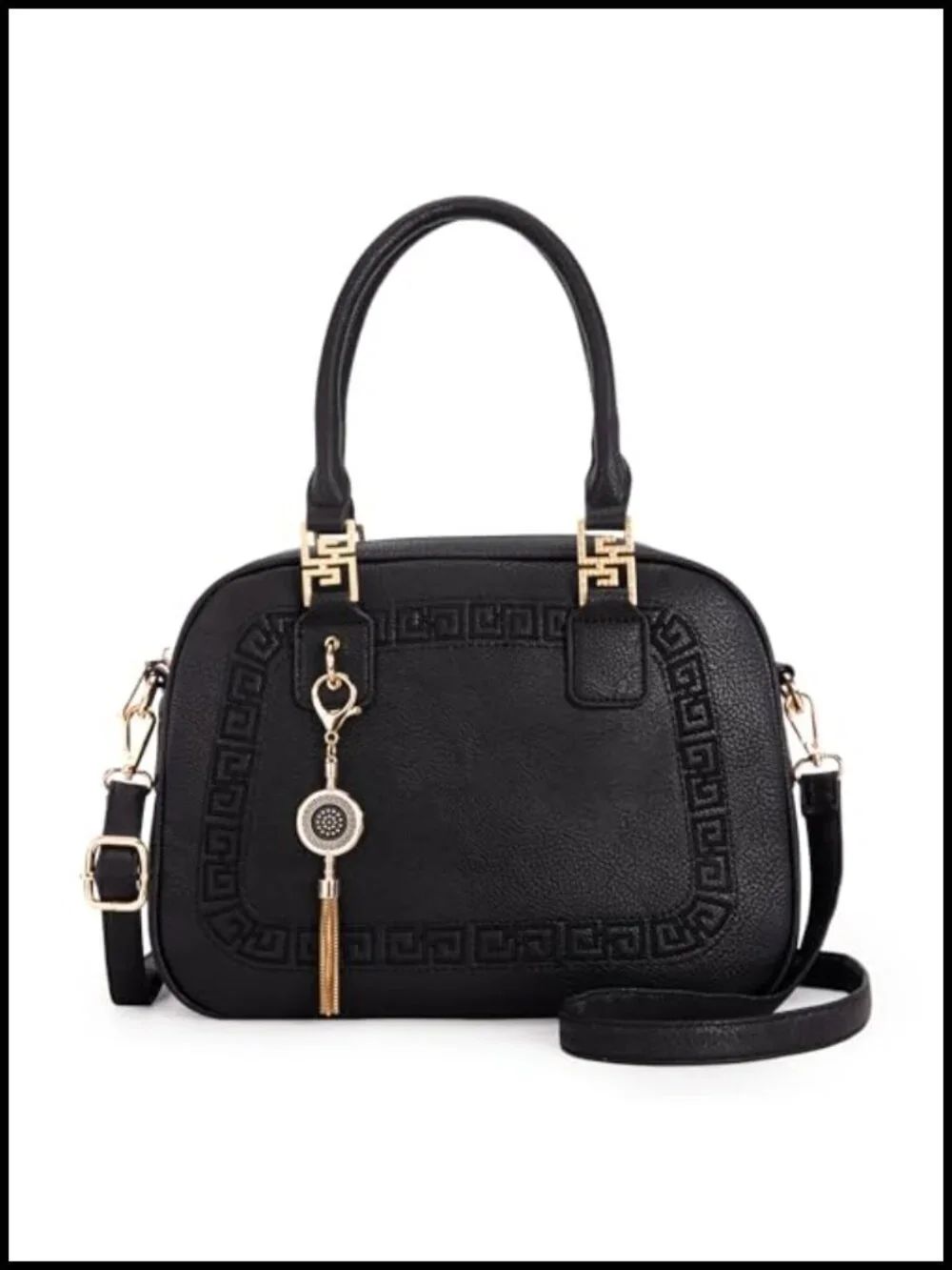 Vegan Leather Small Satchel Crossbody Handbag with Tassel & Detachable Strap